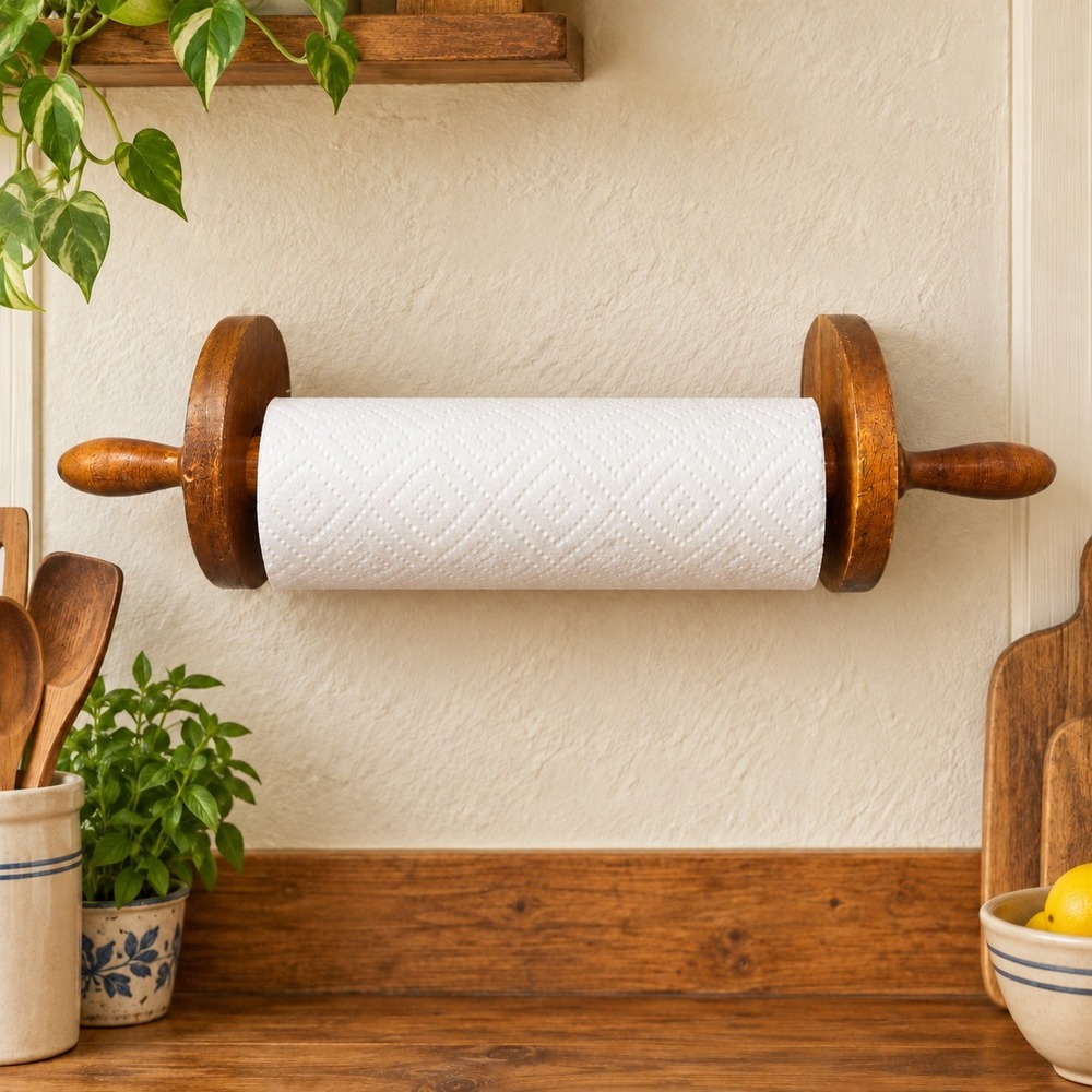 Vintage Wood Wall Mount Paper Towel Holder 15" Base 21" Spindle Farmhouse